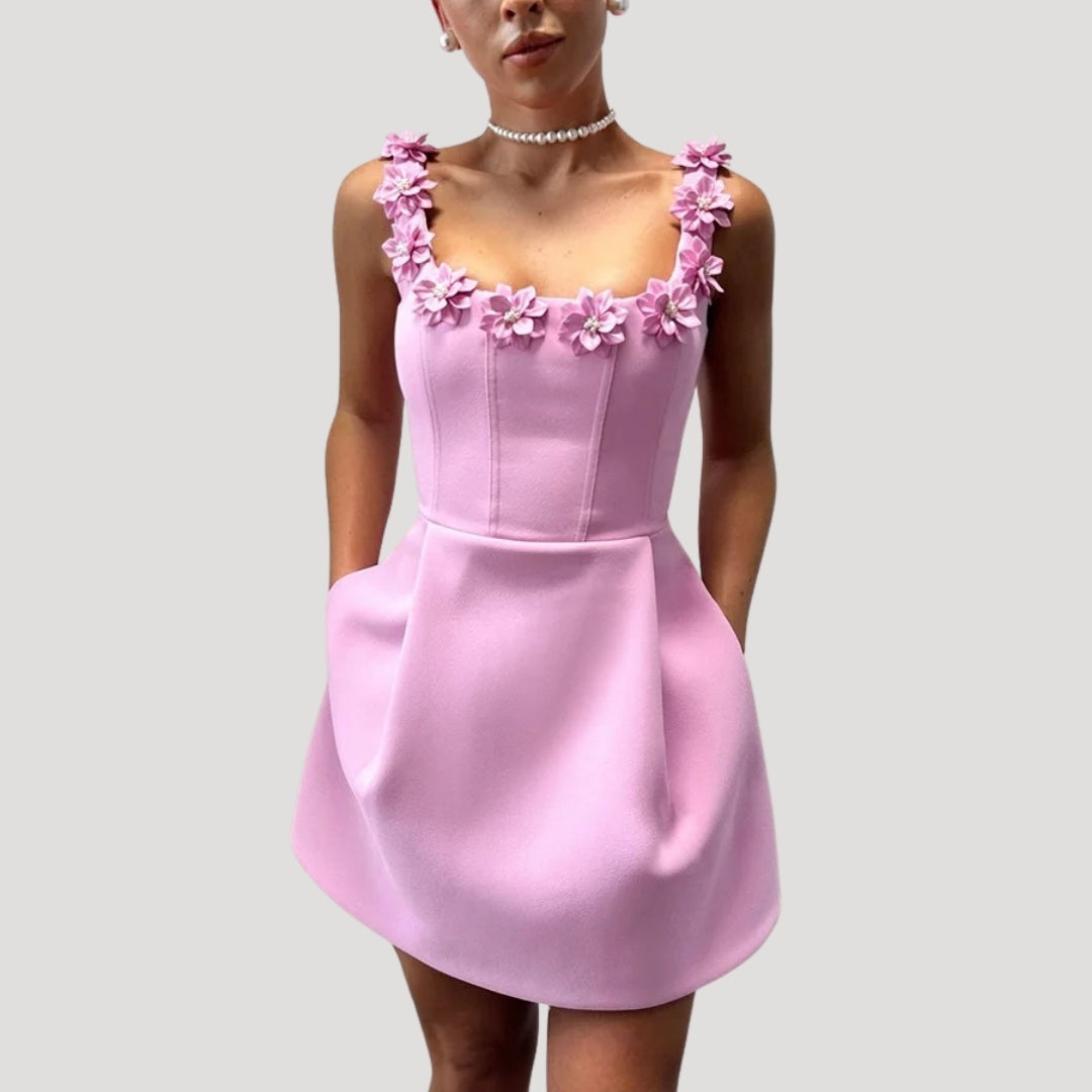 Delia - Floral Appliqué A-Line Mini Dress