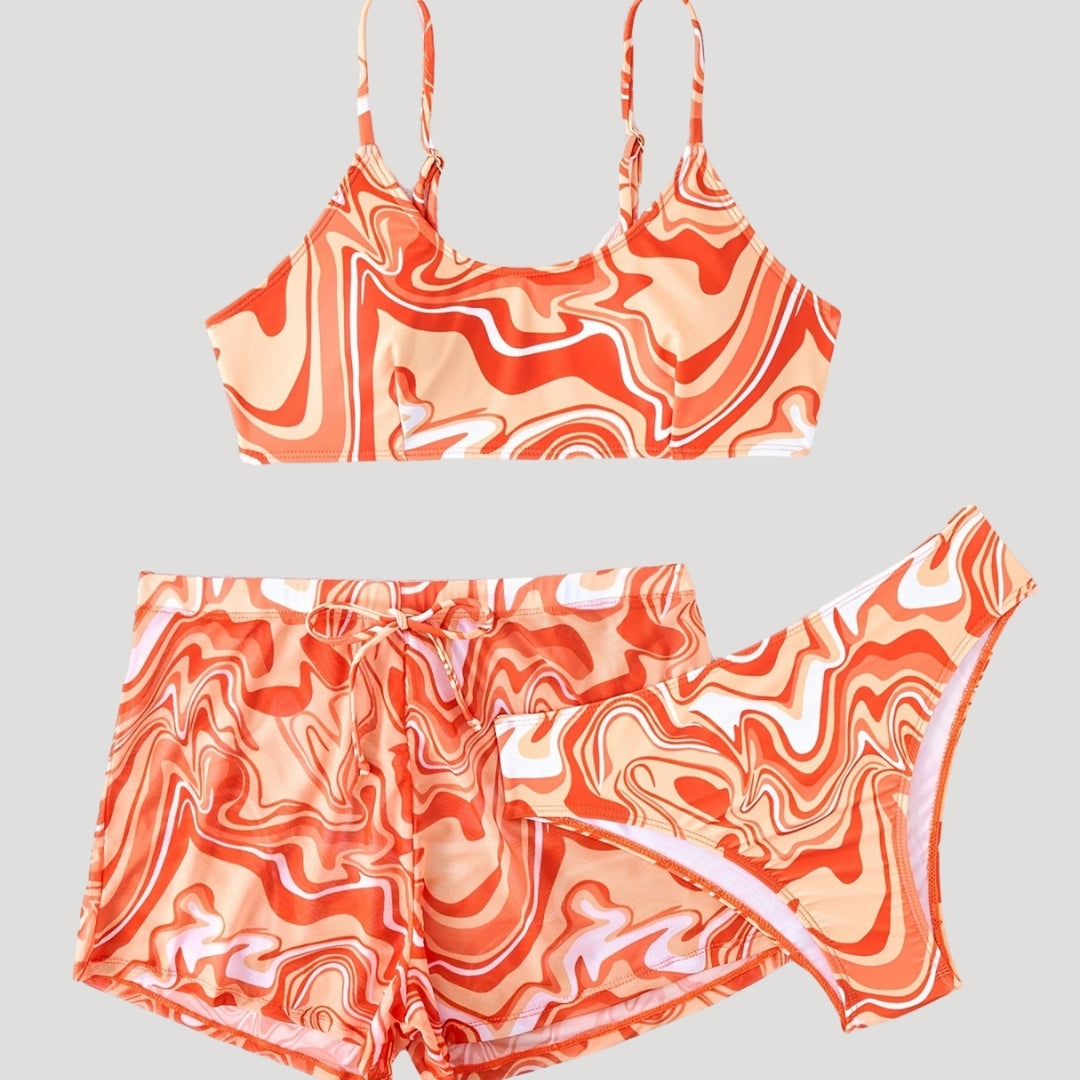Trina - Three-Piece Swim Set with Swirl Pattern and Shorts