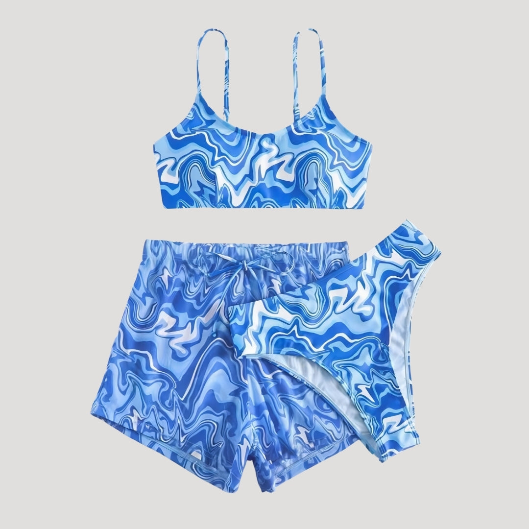 Trina - Three-Piece Swim Set with Swirl Pattern and Shorts