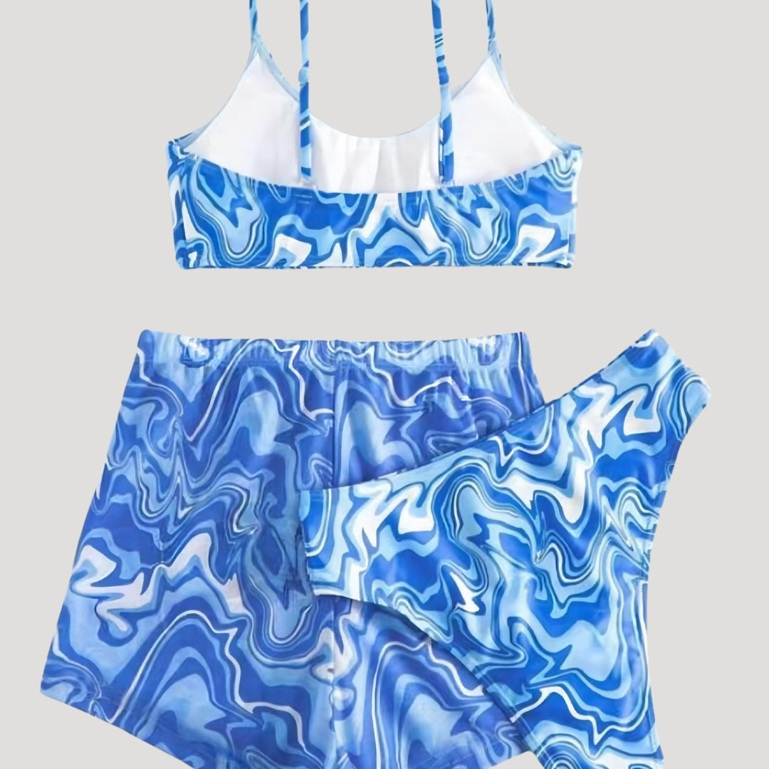 Trina - Three-Piece Swim Set with Swirl Pattern and Shorts