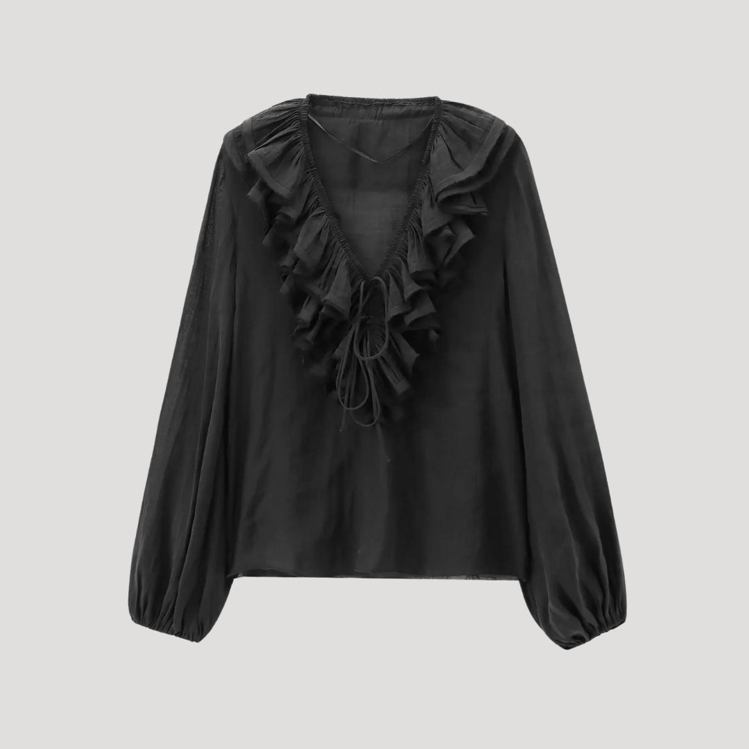 Herb - Rüschenshirt aus Chiffon mit V-Ausschnitt