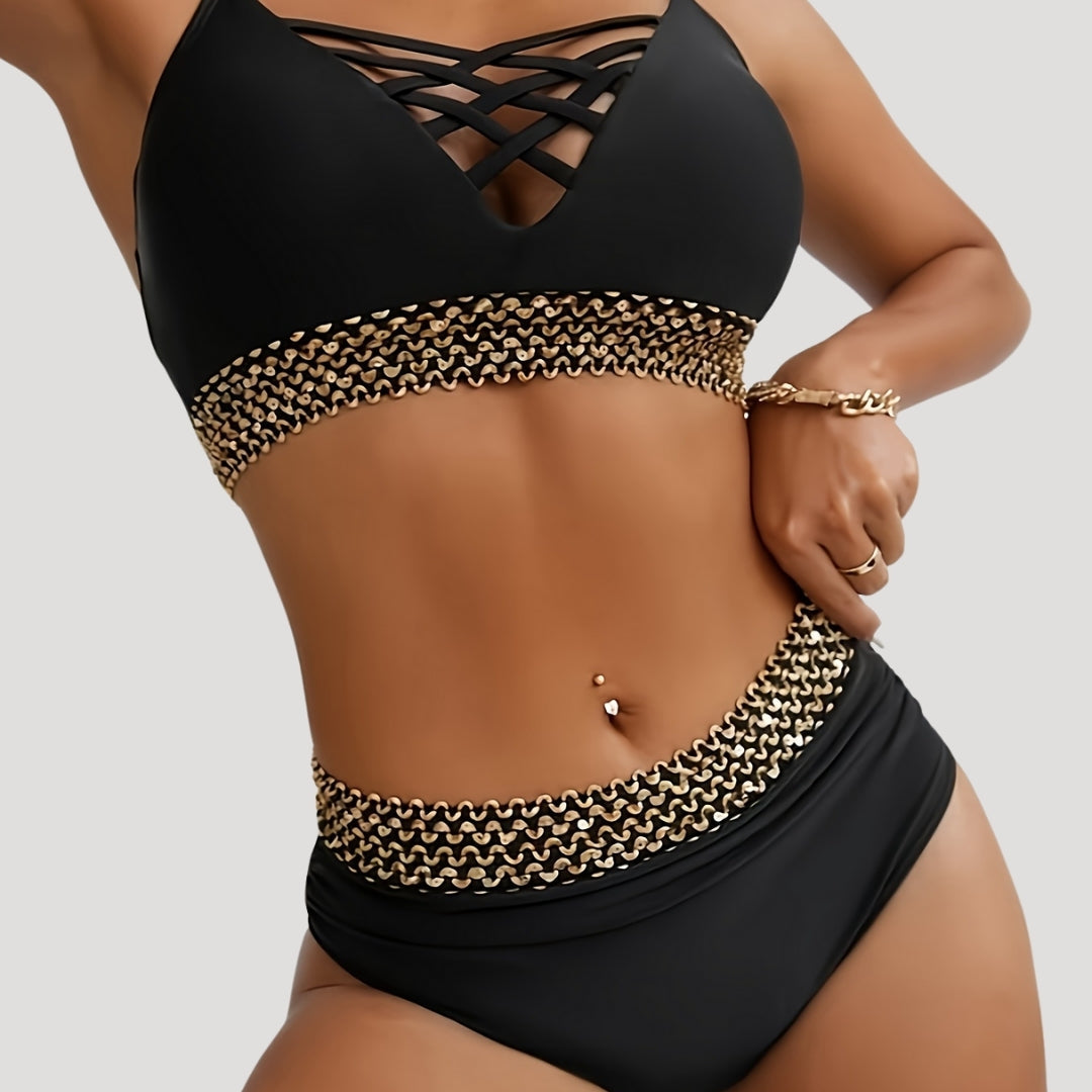 Sophia – Black Bikini Set with Gold Chain Details