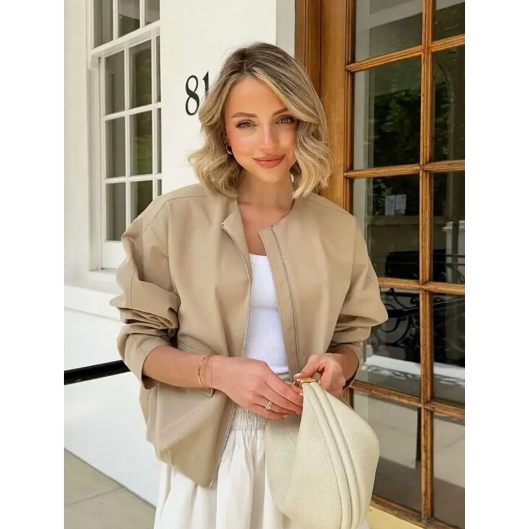 Billie - Minimalist Beige Bomber Jacket with Zipper