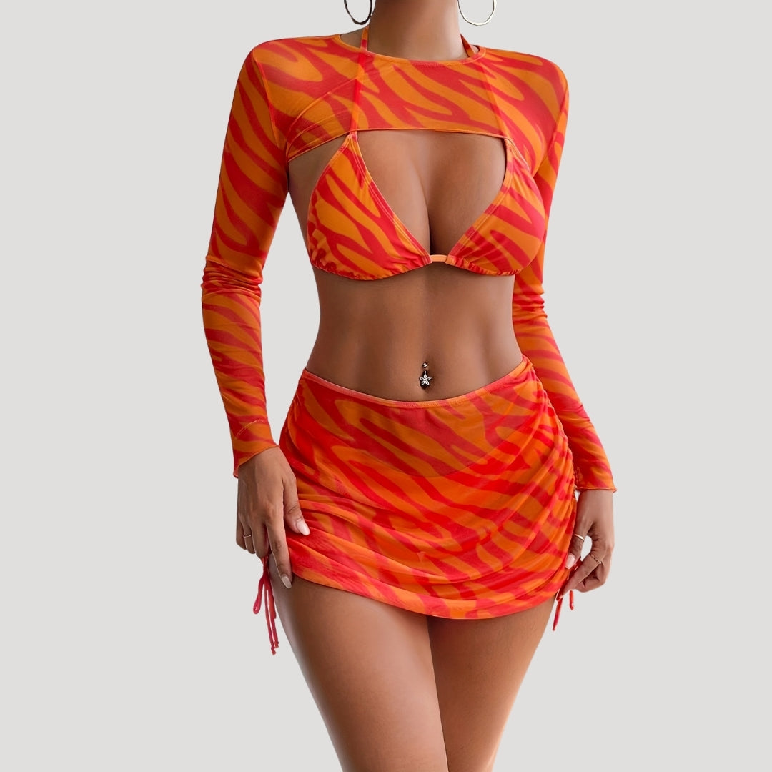 Iris - Bold Three-Piece Bikini Set with Mesh Cover-Up