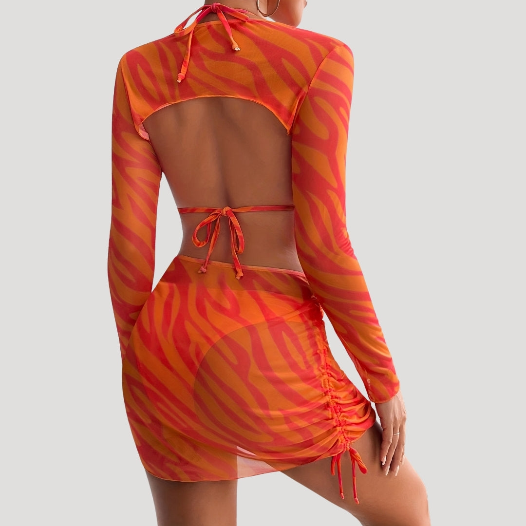 Iris - Bold Three-Piece Bikini Set with Mesh Cover-Up