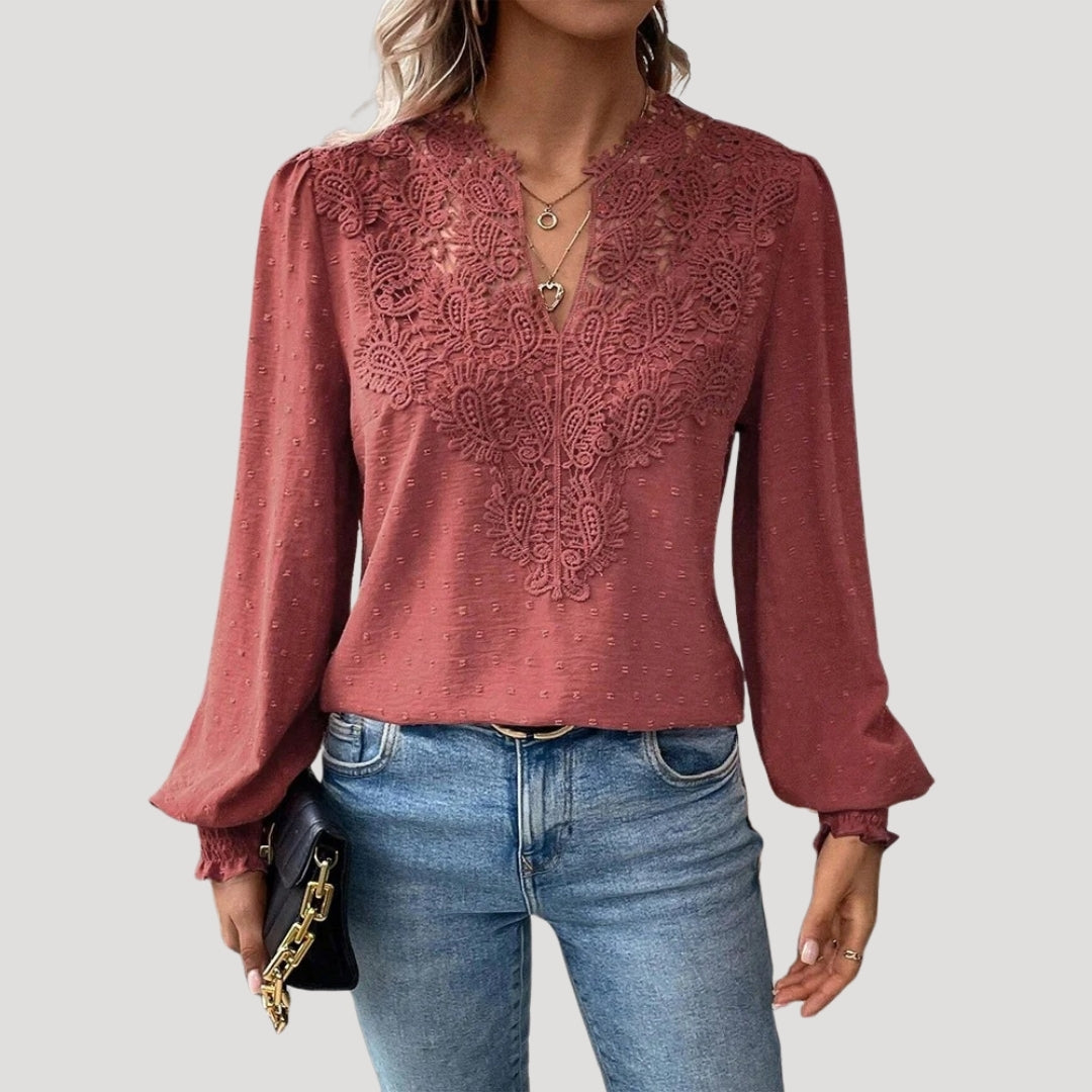 Yara - Spitzenbestickte Bluse mit langen Ärmeln