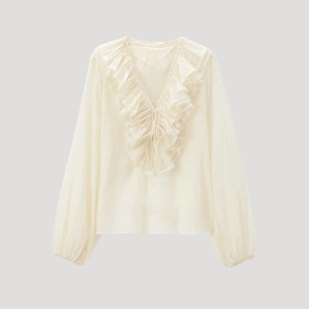 Herb - Rüschenshirt aus Chiffon mit V-Ausschnitt