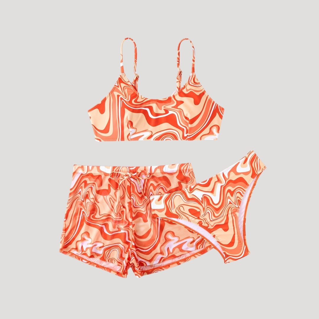 Trina - Three-Piece Swim Set with Swirl Pattern and Shorts