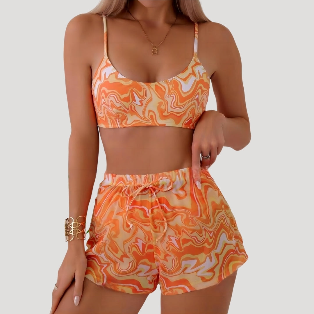 Trina - Three-Piece Swim Set with Swirl Pattern and Shorts