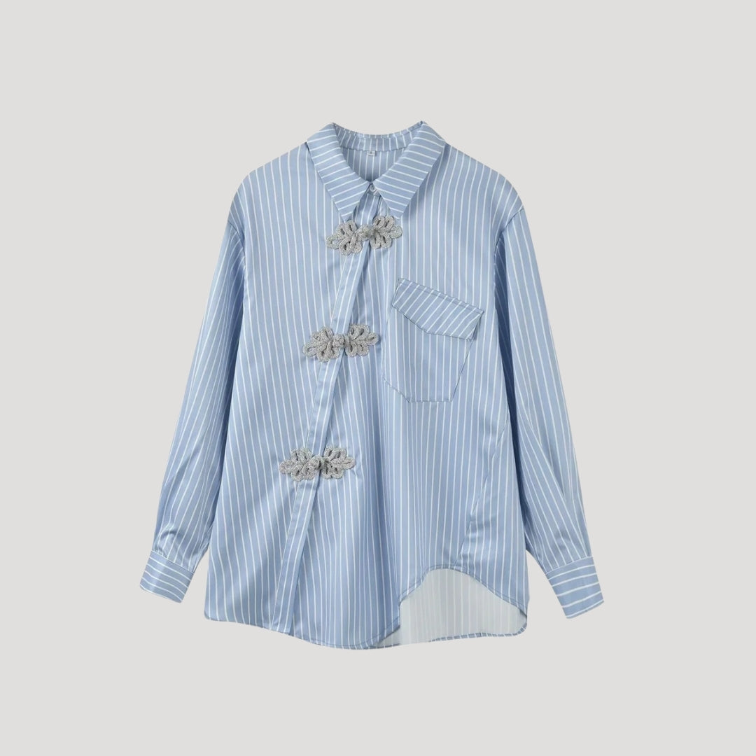 Whisper - Gestreifte Bluse mit floralen Applikationsverschlüssen