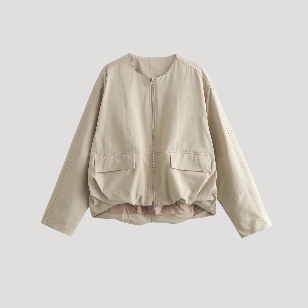 Billie - Minimalist Beige Bomber Jacket with Zipper