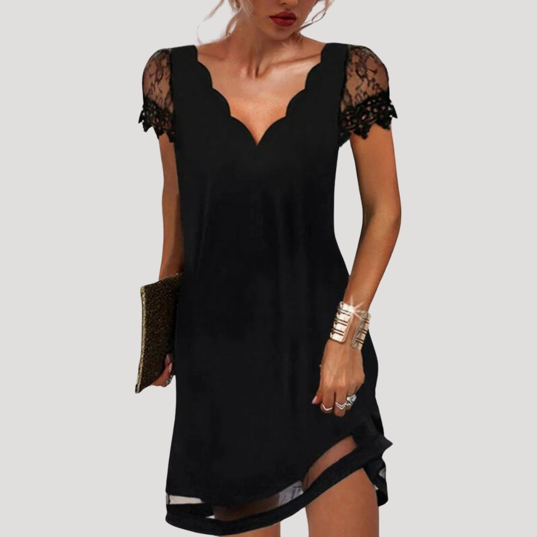 Petunia – Black Lace Sleeve Dress with Wave Hem