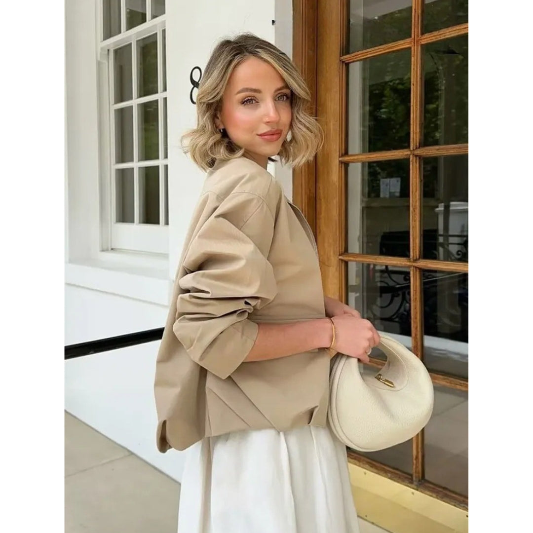 Billie - Minimalist Beige Bomber Jacket with Zipper