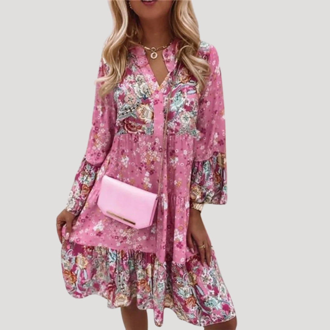Hannah – Floral Bohemian Midi Dress with Ruffles