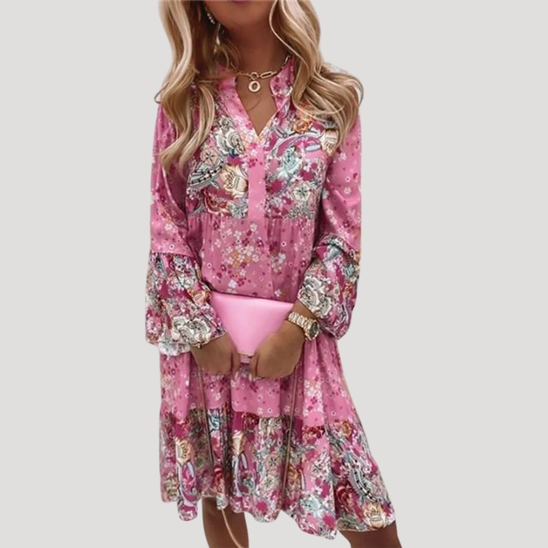 Hannah – Floral Bohemian Midi Dress with Ruffles