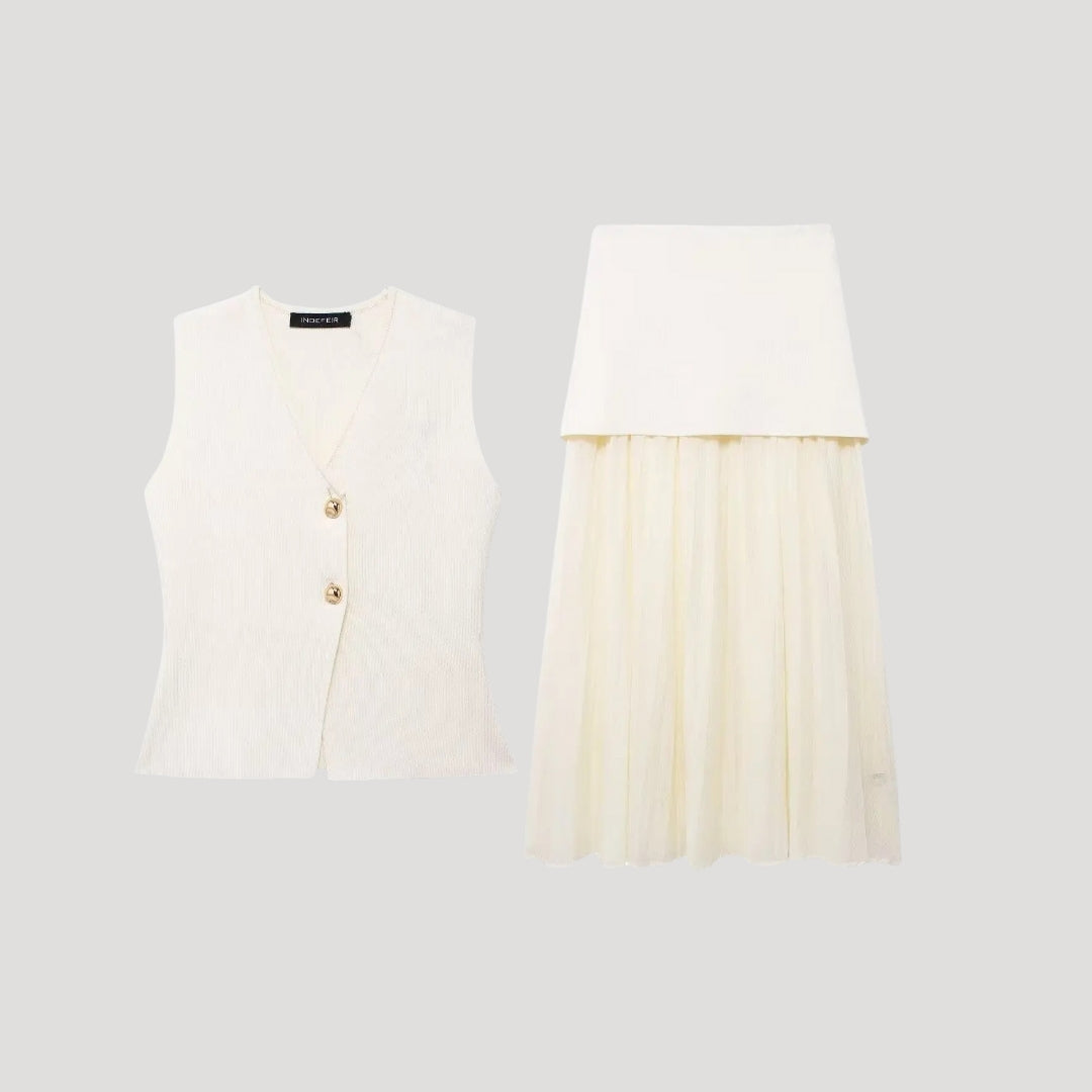 Xanthe - Elegantes ärmelloses Weste und Faltenrock-Set