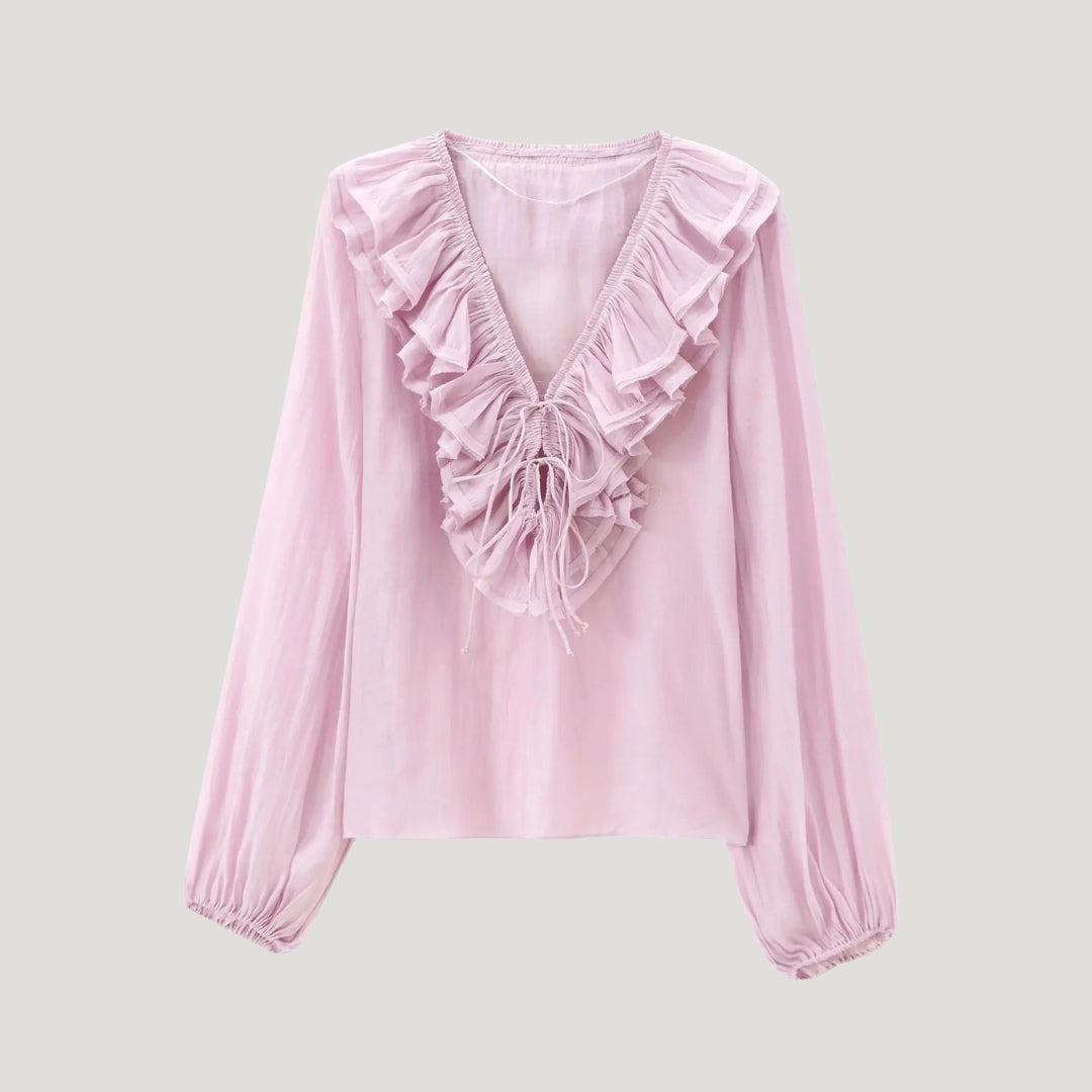 Herb - Rüschenshirt aus Chiffon mit V-Ausschnitt
