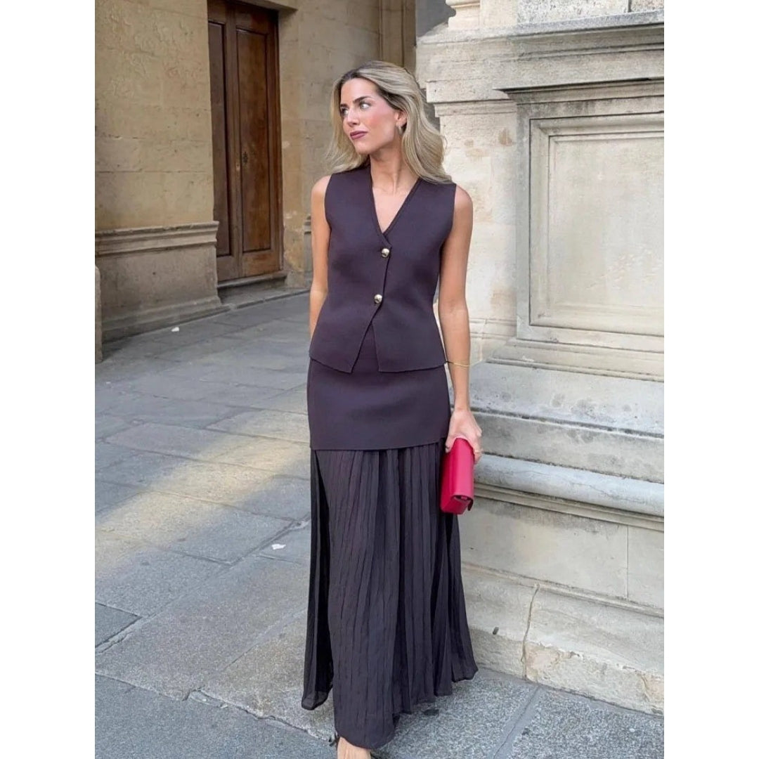 Xanthe - Elegantes ärmelloses Weste und Faltenrock-Set