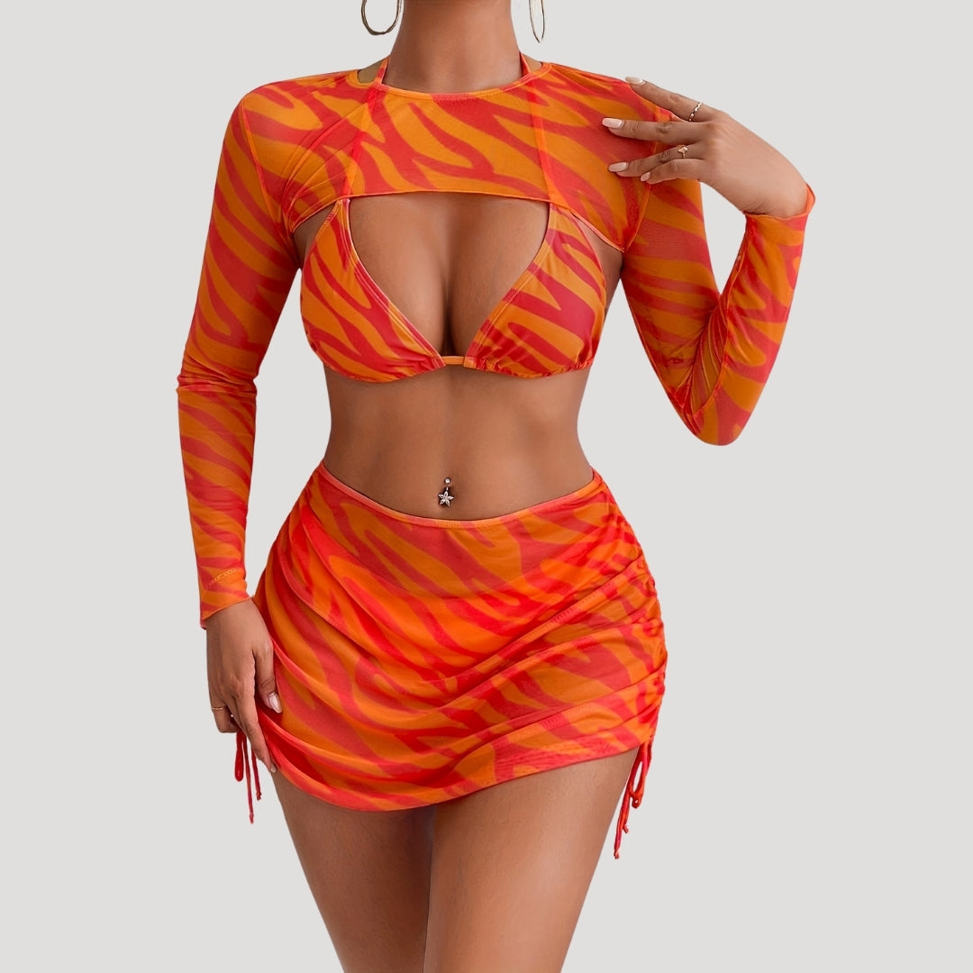 Iris - Bold Three-Piece Bikini Set with Mesh Cover-Up