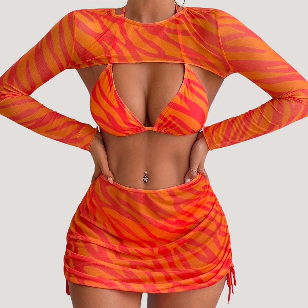 Iris - Bold Three-Piece Bikini Set with Mesh Cover-Up