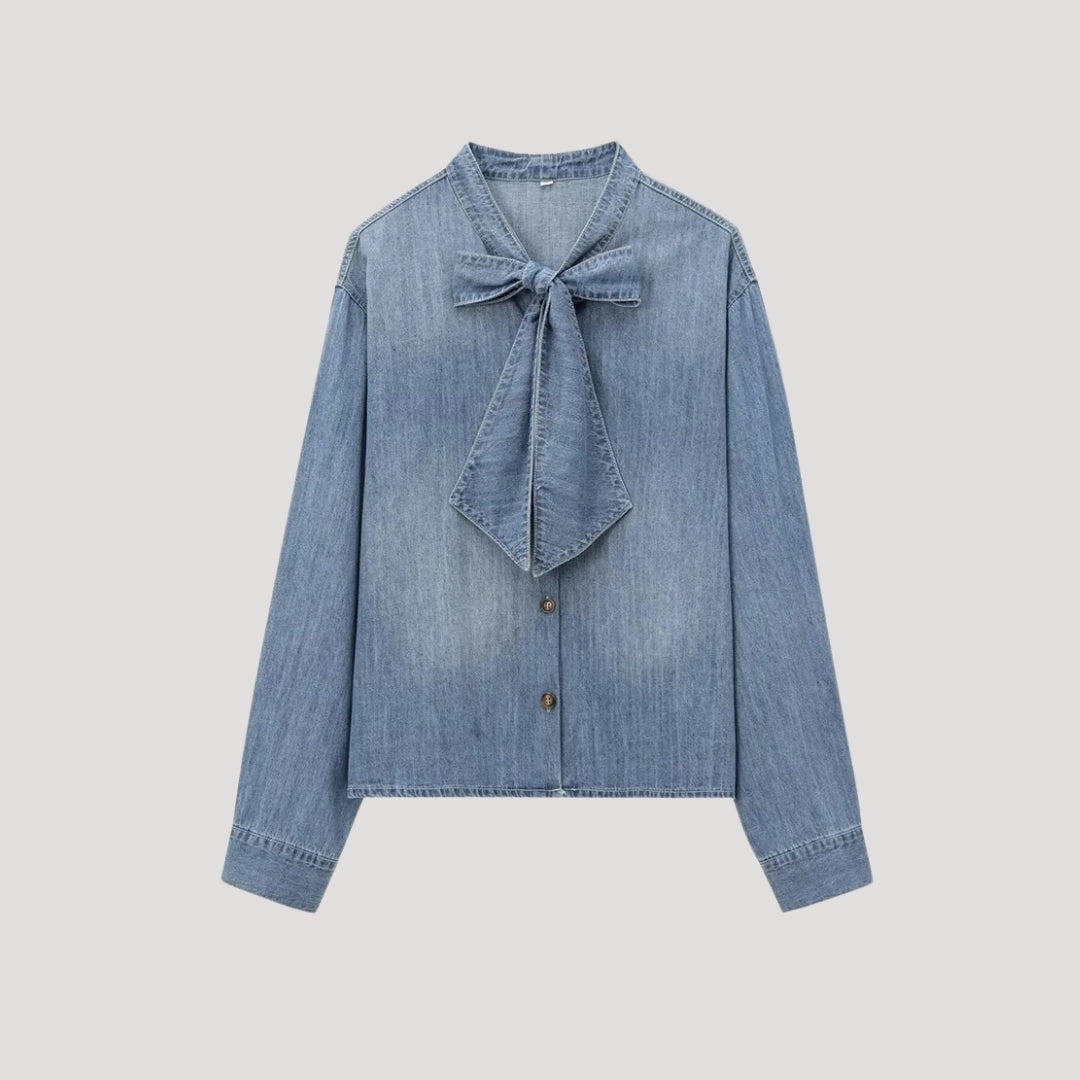 Olea - Denim Fliege Bluse mit langen Ärmeln