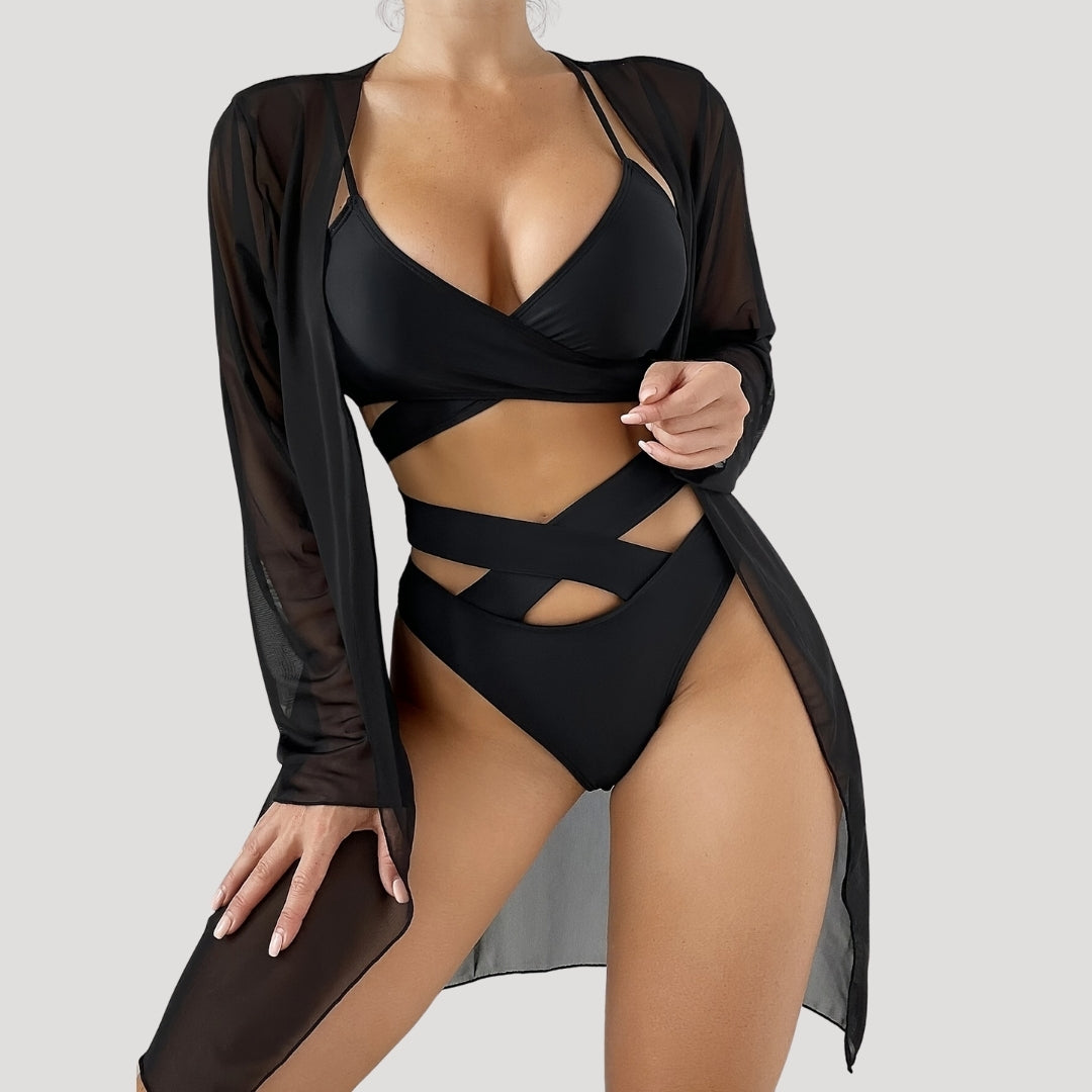 Freya – Elegant Three-Piece Bikini Set with Sheer Cover-Up