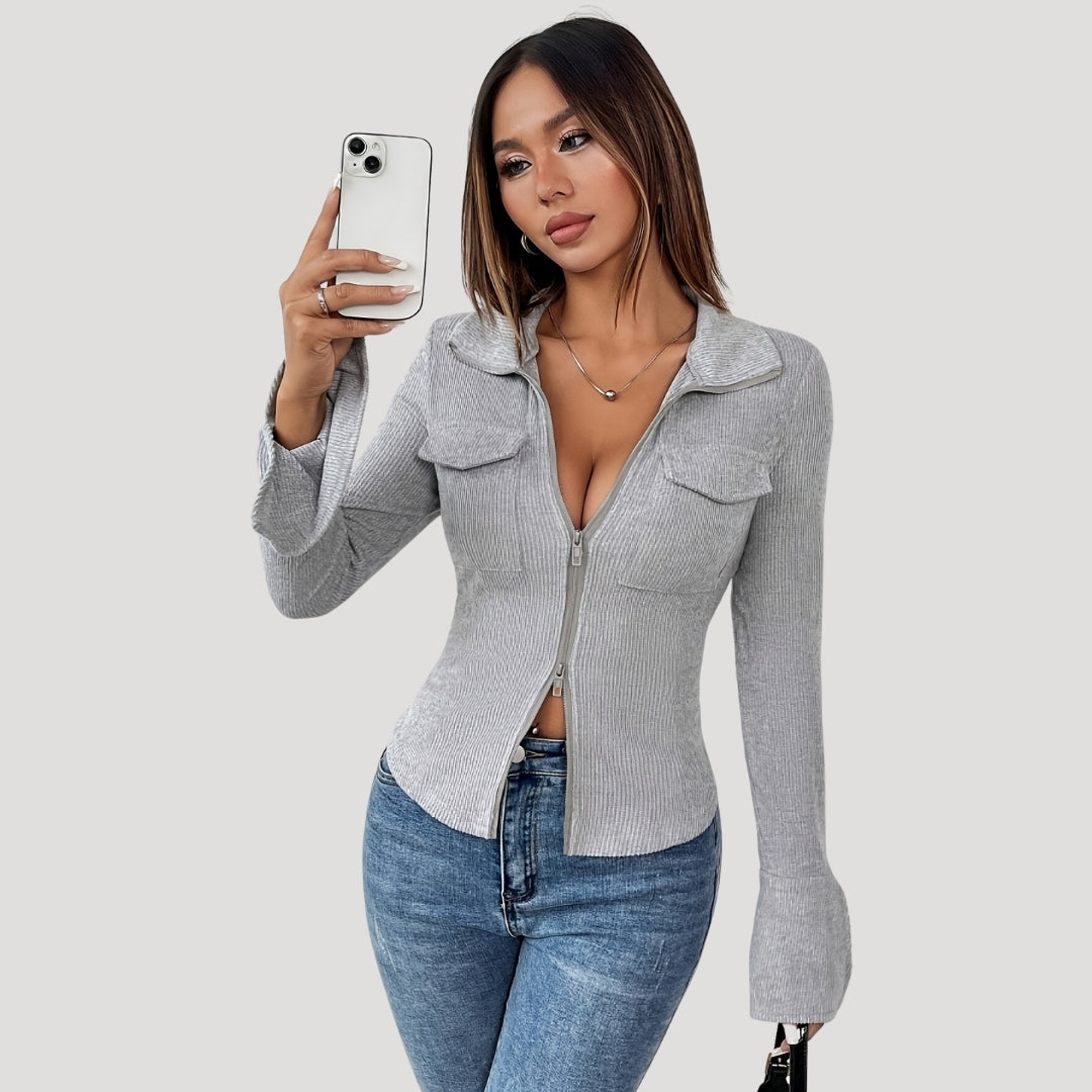 Samantha - Ribbed Knit Zipper Jacket