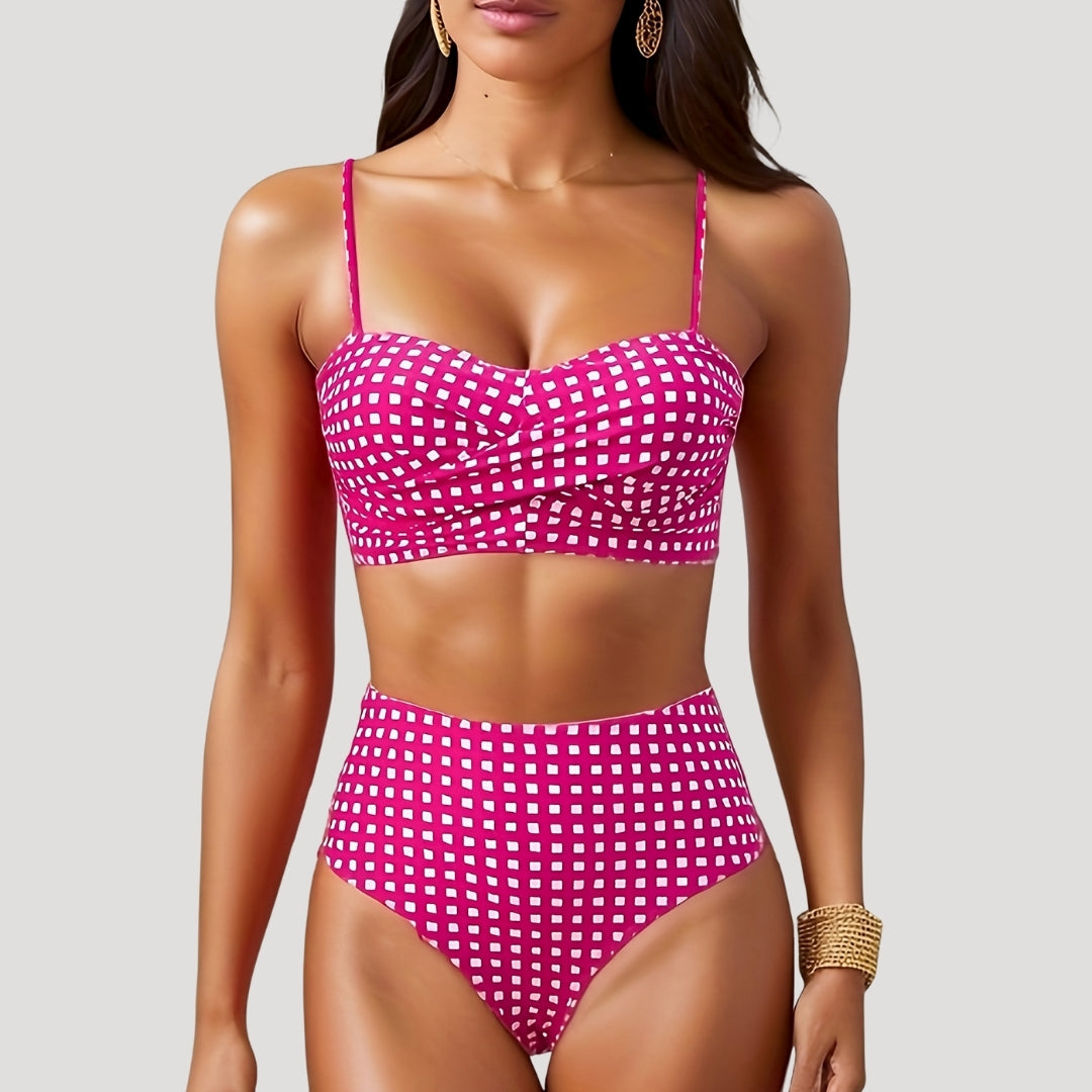 Della – High-Waisted Gingham Bikini with Ruffled Top