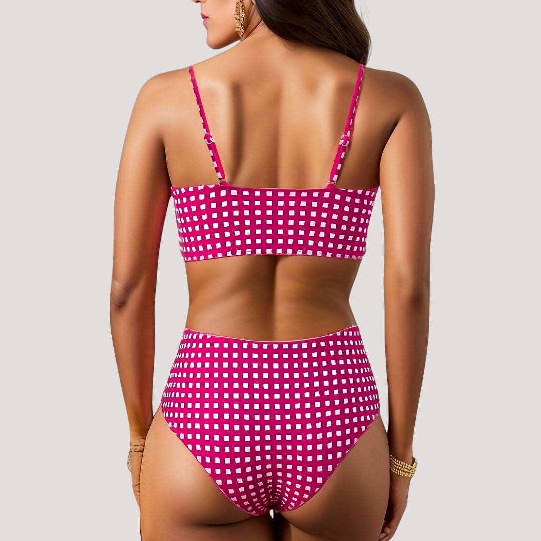 Della – High-Waisted Gingham Bikini with Ruffled Top