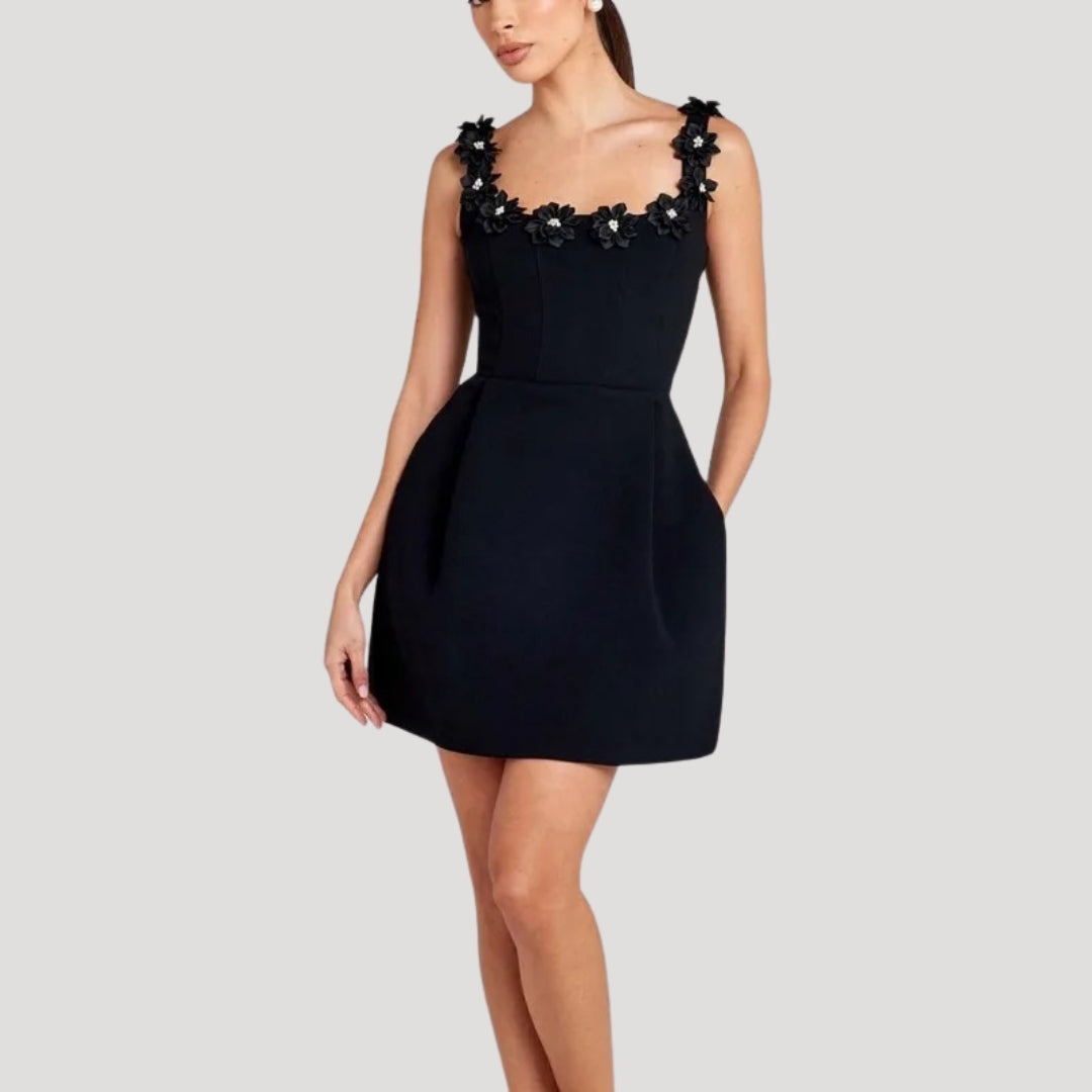 Delia - Floral Appliqué A-Line Mini Dress